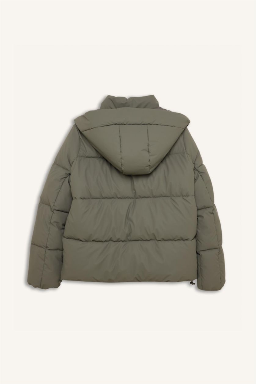 Kadın Haki Su Geçirmez Puffer Şişme Mont Oversize Geniş Kalıp Kapüşonlu Fermuarlı Çıtçıtlı