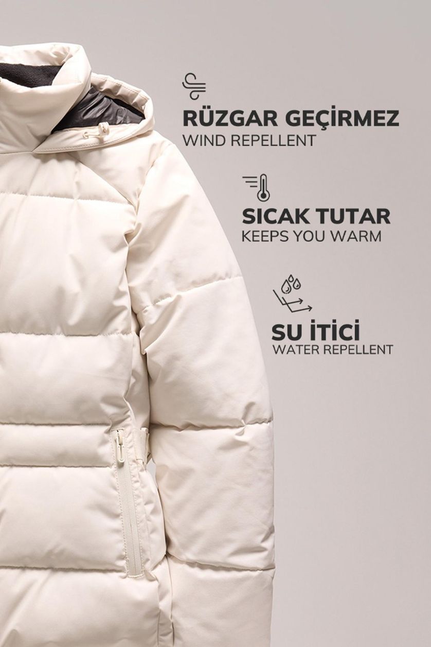 Kadın Haki Su Geçirmez Puffer Şişme Mont Oversize Geniş Kalıp Kapüşonlu Fermuarlı Çıtçıtlı