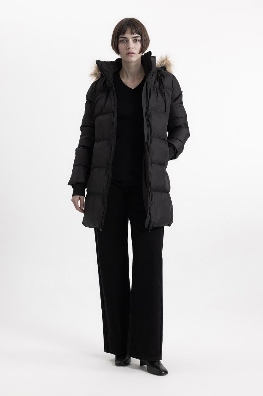 Kadın Siyah Su İtici Şişme Uzun Mont Parka Rüzgar Geçirmez Fermuarlı Suni Kürk Çıkarılabilir Kapüşonlu