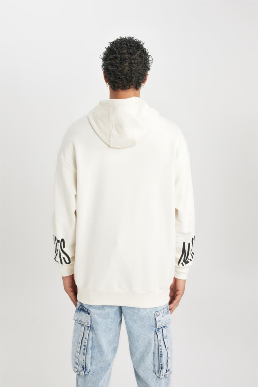 Erkek Ekru NBA Brooklyn Nets Oversize Geniş Kalıp Kapüşonlu Cepli Kalın Sweatshirt