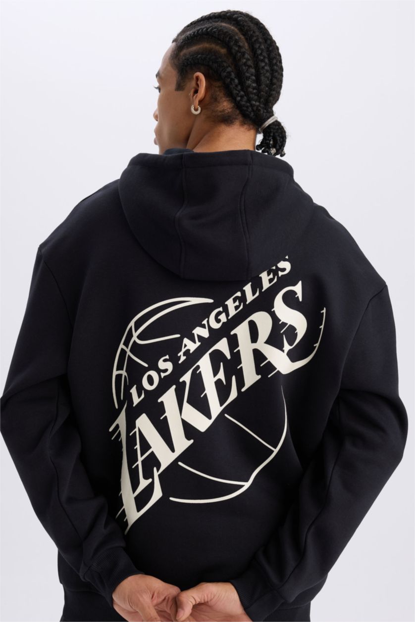 Erkek Siyah NBA Los Angeles Lakers Boxy Fit Kapüşonlu Sırt Baskılı Kalın Sweatshirt