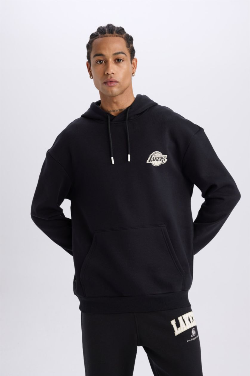 Erkek Siyah NBA Los Angeles Lakers Boxy Fit Kapüşonlu Sırt Baskılı Kalın Sweatshirt