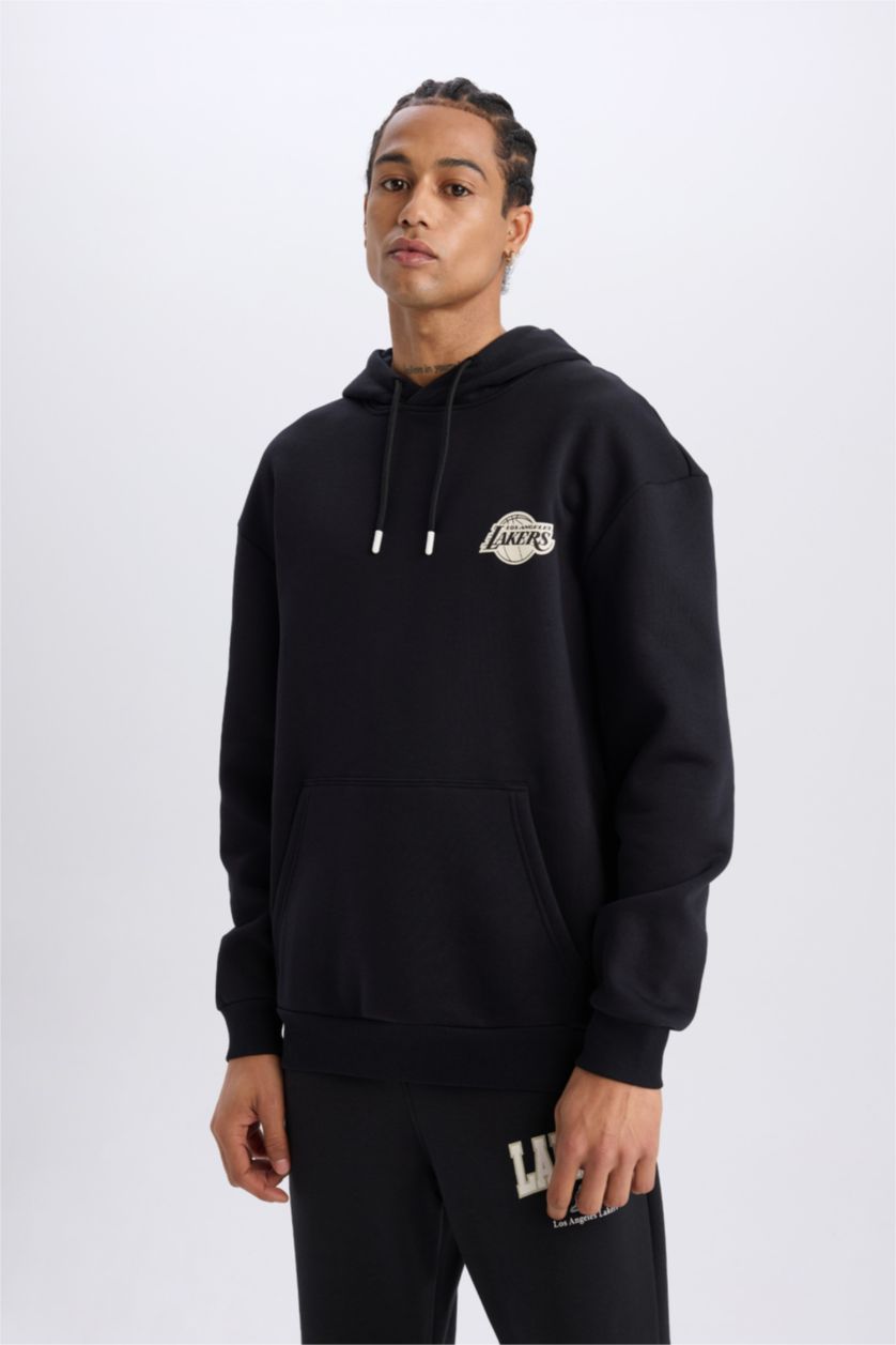 Erkek Siyah NBA Los Angeles Lakers Boxy Fit Kapüşonlu Sırt Baskılı Kalın Sweatshirt