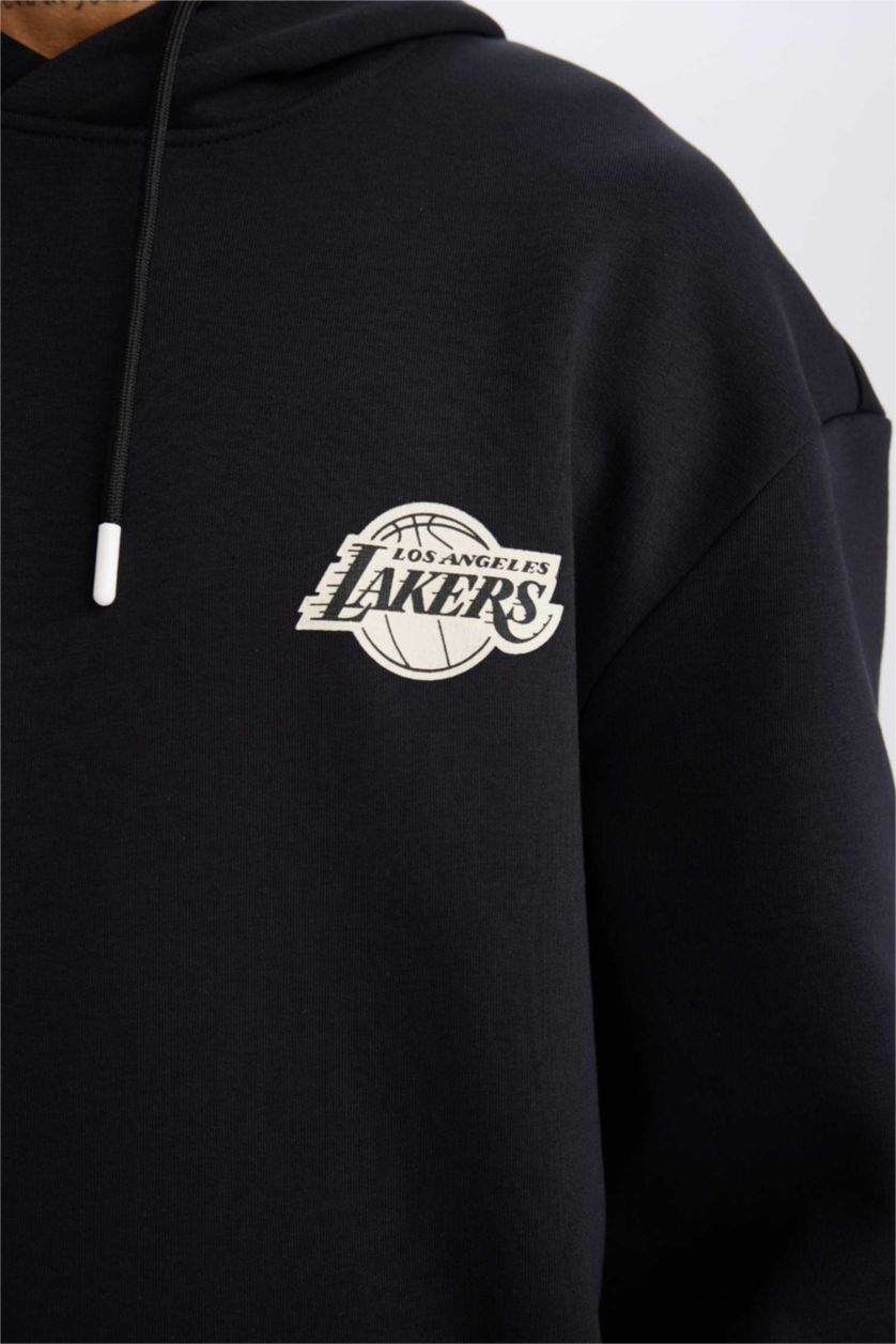 Erkek Siyah NBA Los Angeles Lakers Boxy Fit Kapüşonlu Sırt Baskılı Kalın Sweatshirt