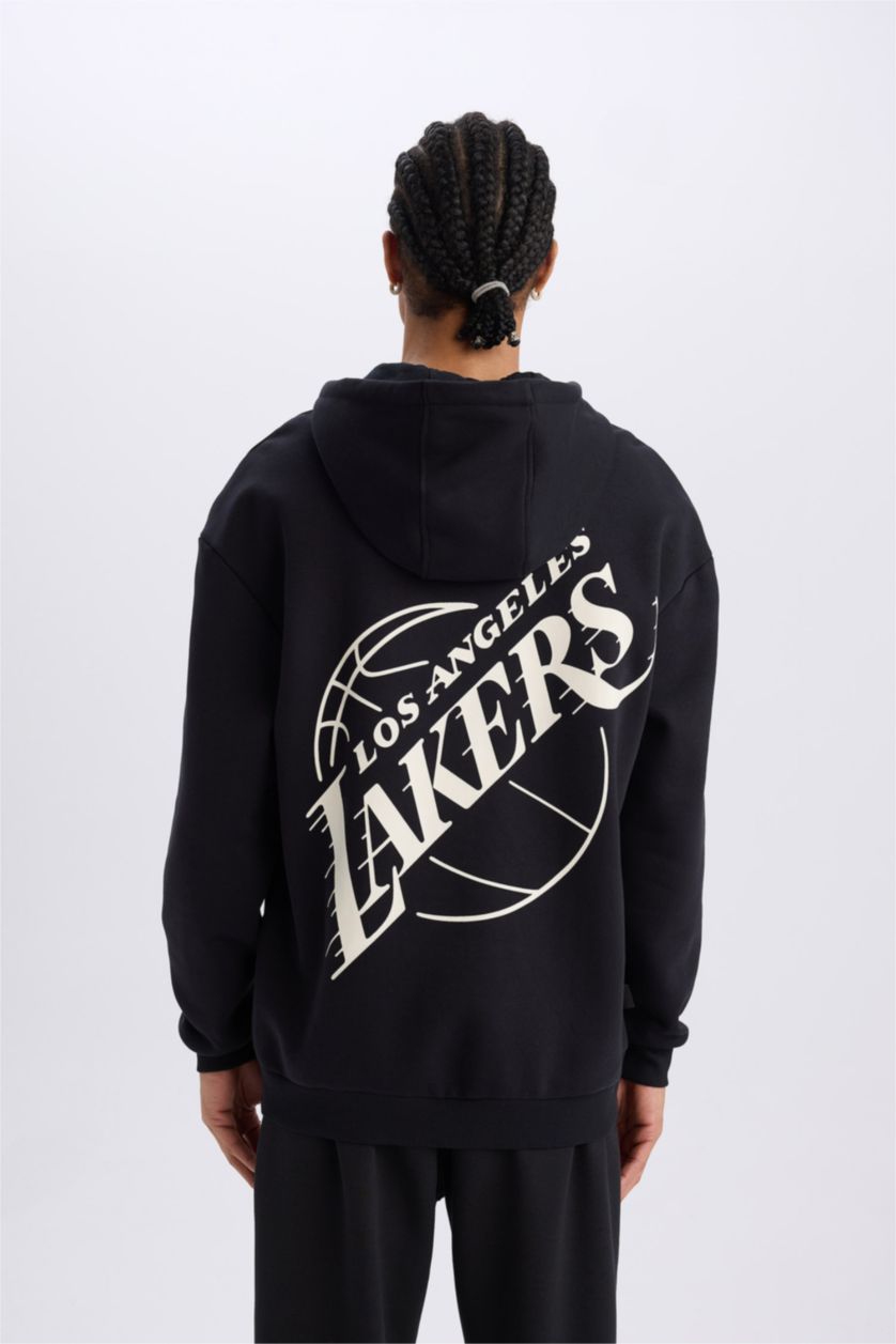 Erkek Siyah NBA Los Angeles Lakers Boxy Fit Kapüşonlu Sırt Baskılı Kalın Sweatshirt