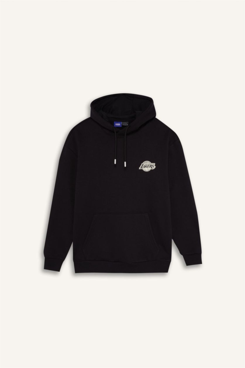 Erkek Siyah NBA Los Angeles Lakers Boxy Fit Kapüşonlu Sırt Baskılı Kalın Sweatshirt