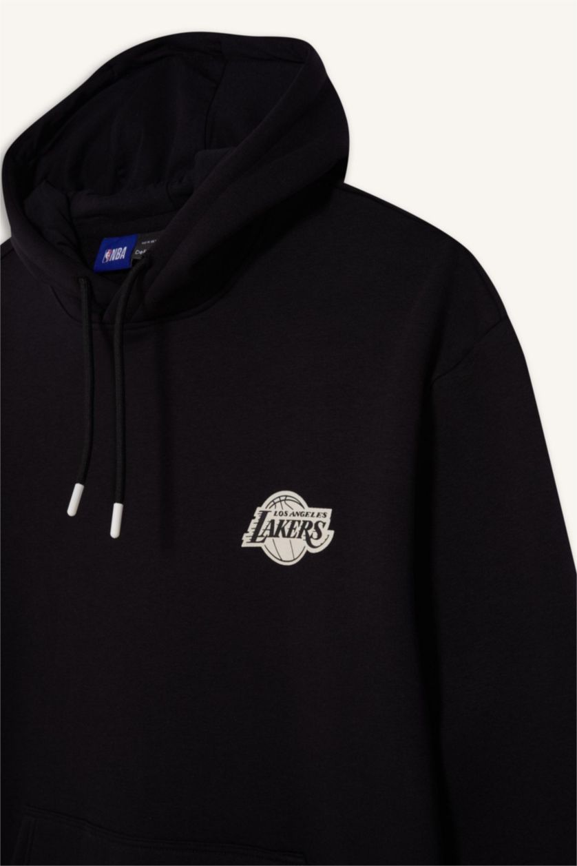 Erkek Siyah NBA Los Angeles Lakers Boxy Fit Kapüşonlu Sırt Baskılı Kalın Sweatshirt