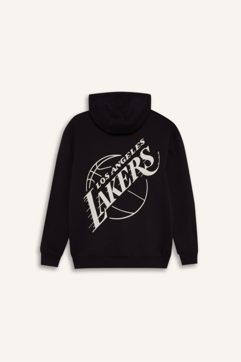 Erkek Siyah NBA Los Angeles Lakers Boxy Fit Kapüşonlu Sırt Baskılı Kalın Sweatshirt