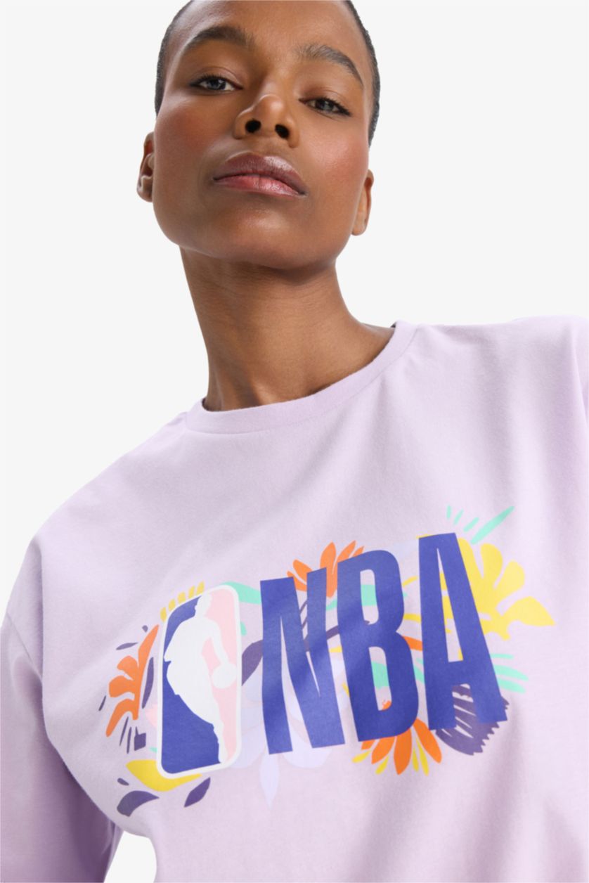 WOMAN Lilac DeFactoFit NBA Wordmark Oversize Fit Short Sleeve T-Shirt