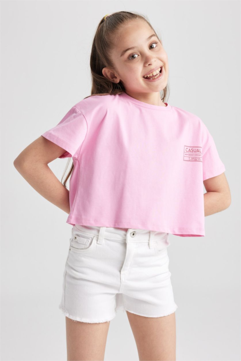 GIRLS & TEENS Pink Girl's Crop Pocket Printed Short Sleeve T-Shirt