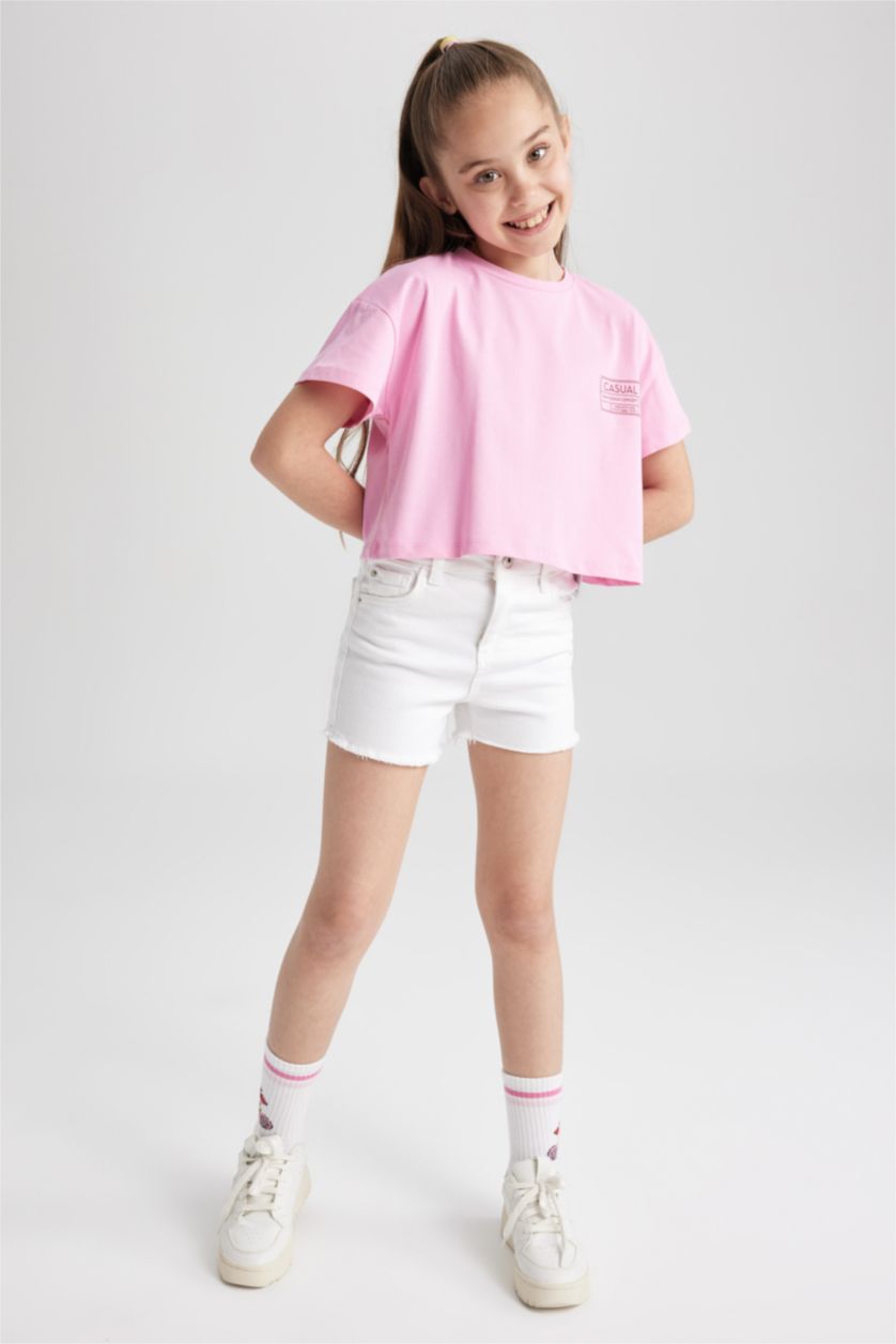 GIRLS & TEENS Pink Girl's Crop Pocket Printed Short Sleeve T-Shirt