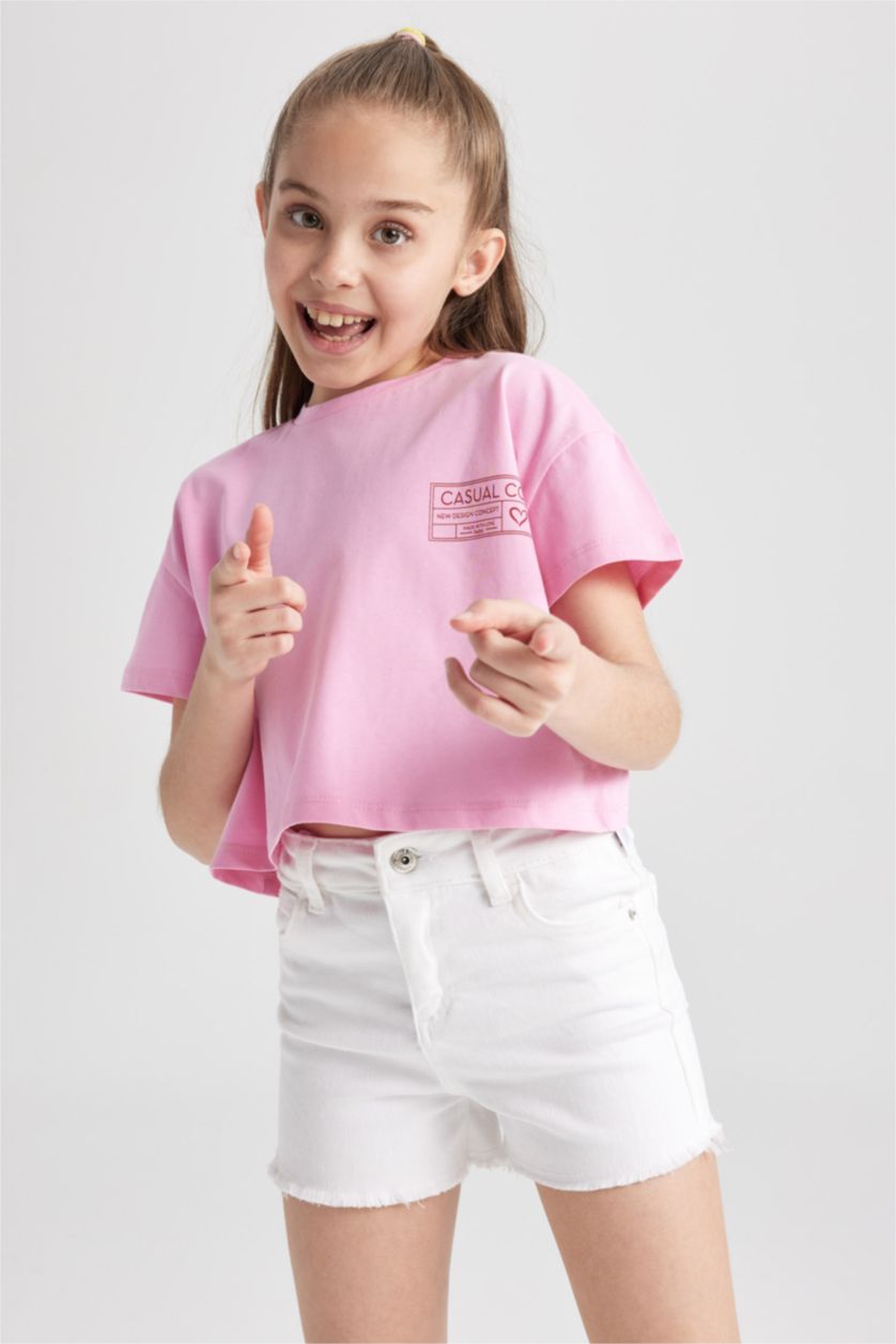 GIRLS & TEENS Pink Girl's Crop Pocket Printed Short Sleeve T-Shirt