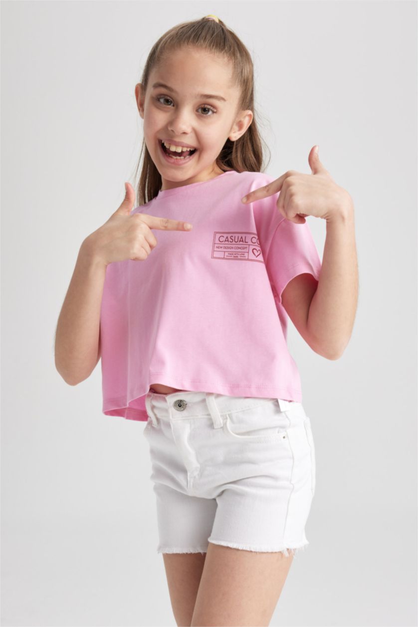 GIRLS & TEENS Pink Girl's Crop Pocket Printed Short Sleeve T-Shirt