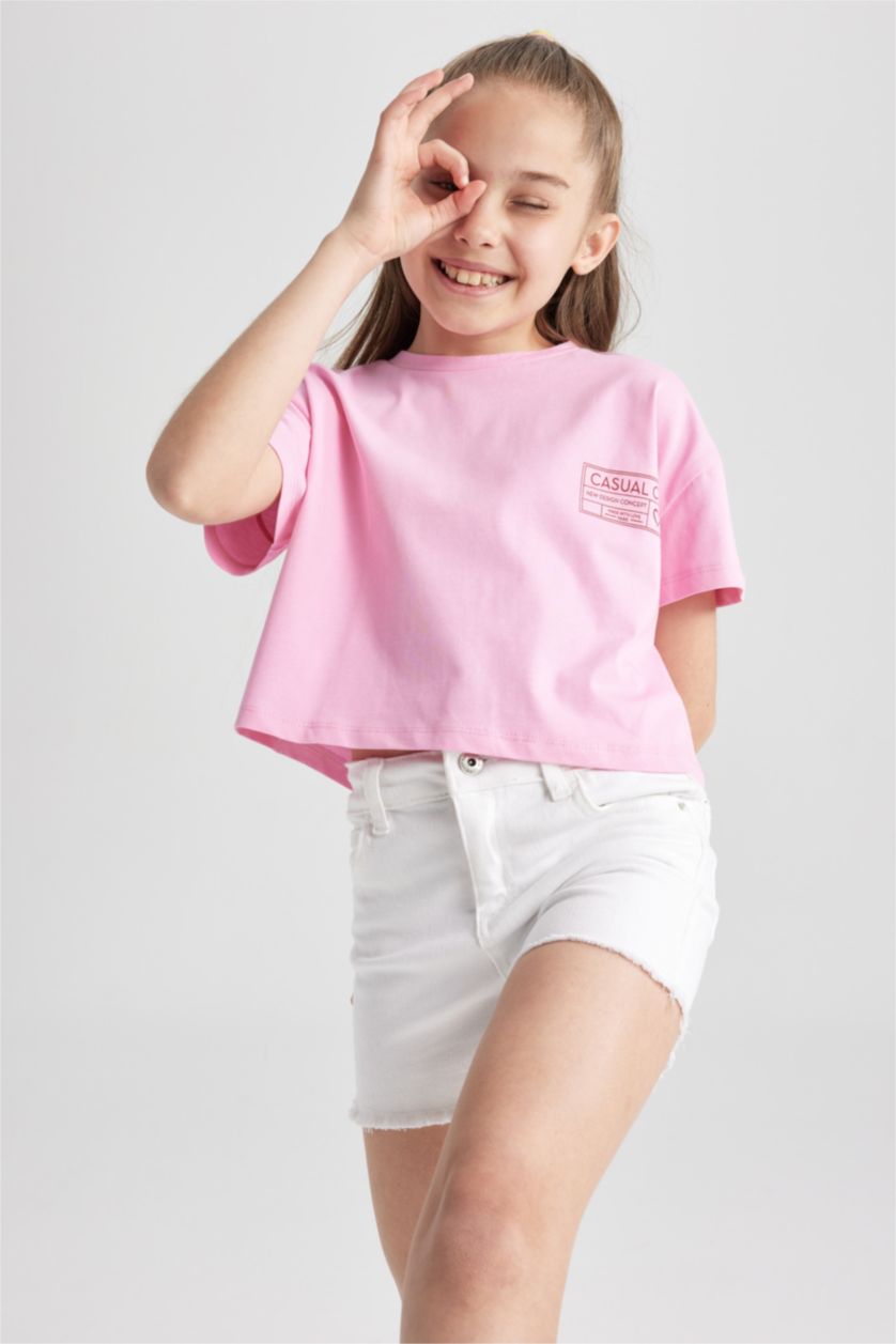 GIRLS & TEENS Pink Girl's Crop Pocket Printed Short Sleeve T-Shirt
