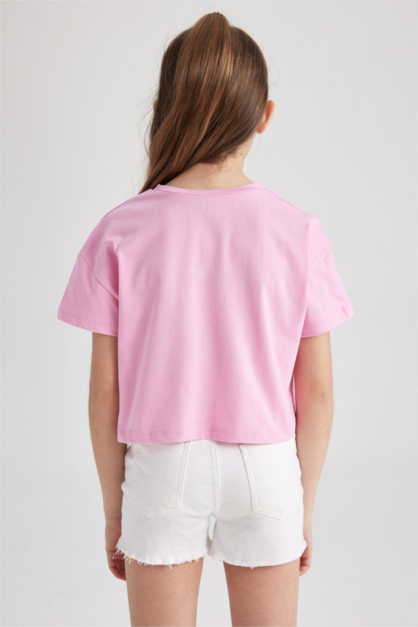 GIRLS & TEENS Pink Girl's Crop Pocket Printed Short Sleeve T-Shirt