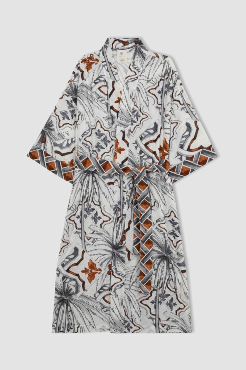 Kadın Koyu Turuncu Nefes İstanbul X DeFacto Tropikal Desenli %100 Pamuk Plaj Elbisesi