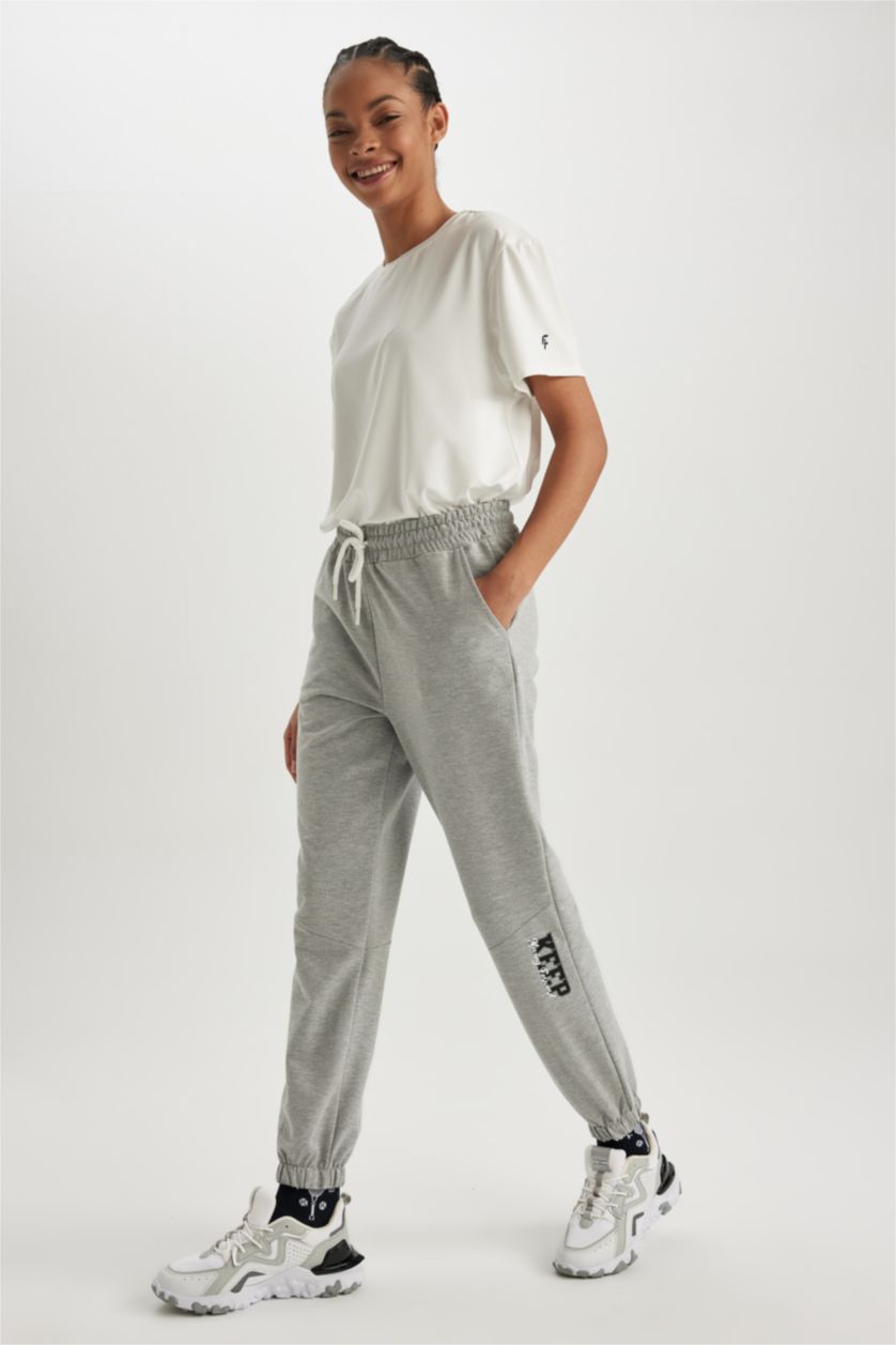 WOMAN Grey Melange Defacto Fit Standard Fit Printed Jogger Sweatpants