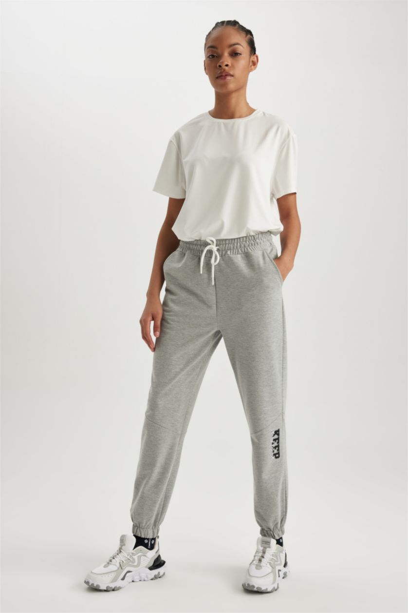 WOMAN Grey Melange Defacto Fit Standard Fit Printed Jogger Sweatpants