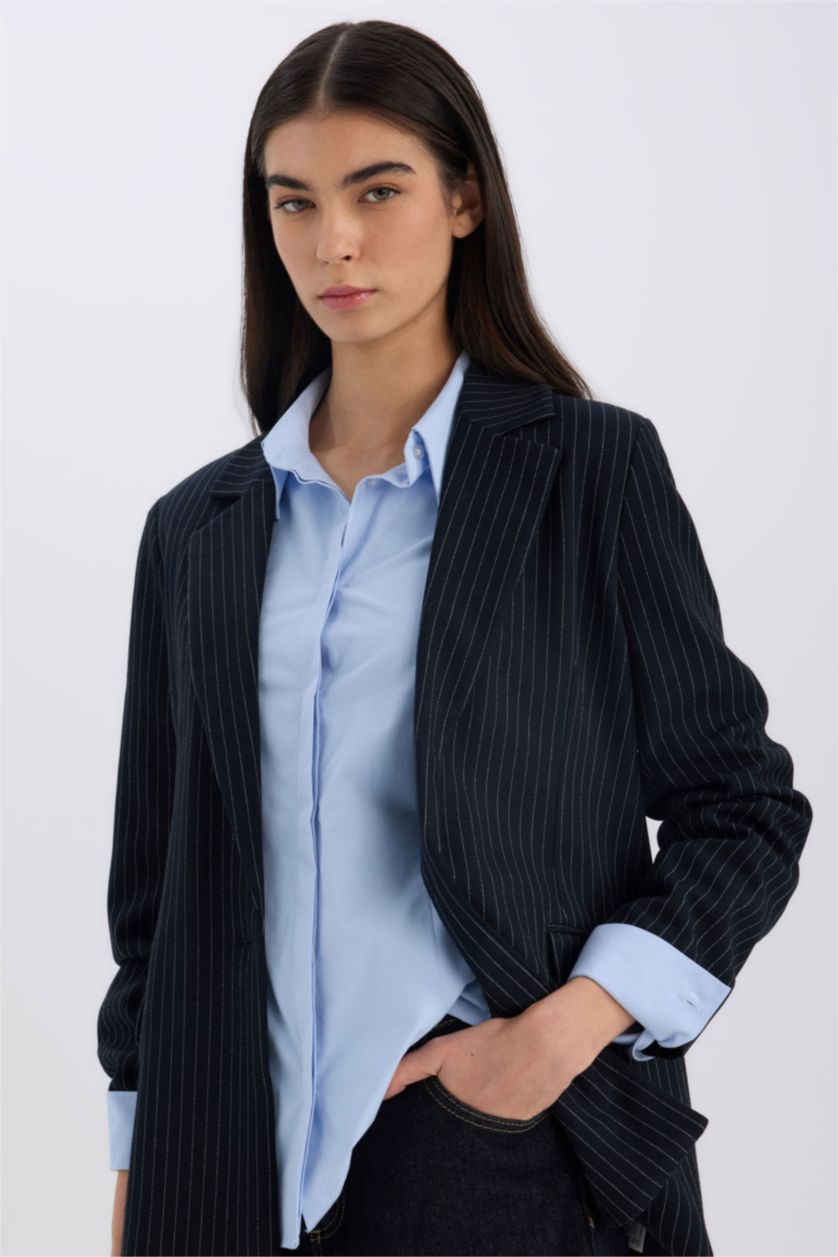 Kadın Lacivert 	Oversize Geniş Kalıp Kruvaze Yaka Blazer Ceket