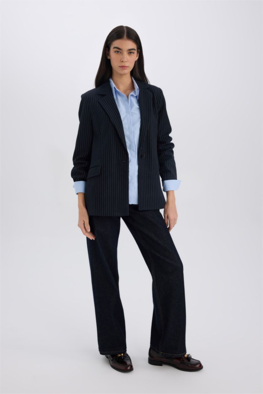 Kadın Lacivert 	Oversize Geniş Kalıp Kruvaze Yaka Blazer Ceket