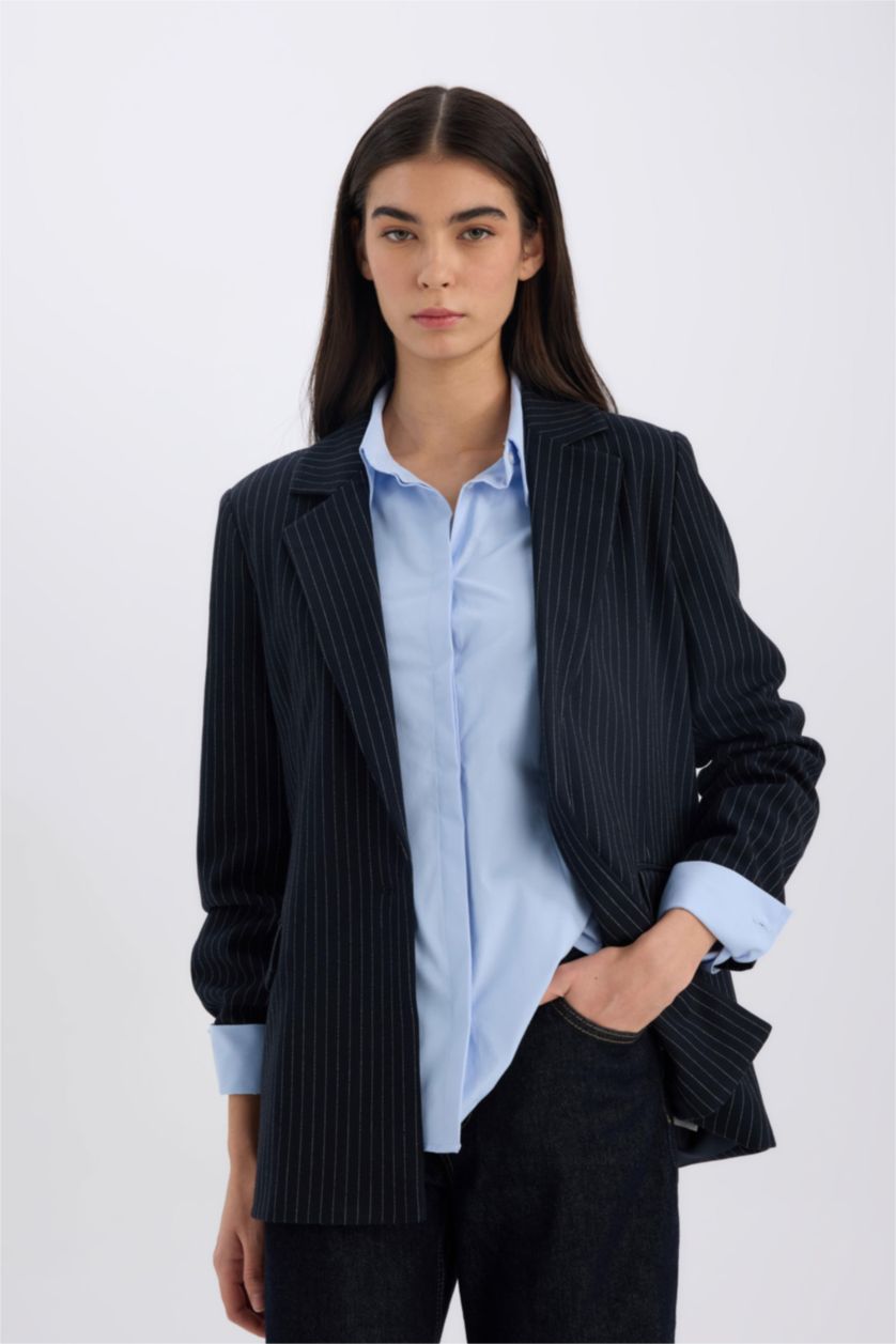 Kadın Lacivert 	Oversize Geniş Kalıp Kruvaze Yaka Blazer Ceket