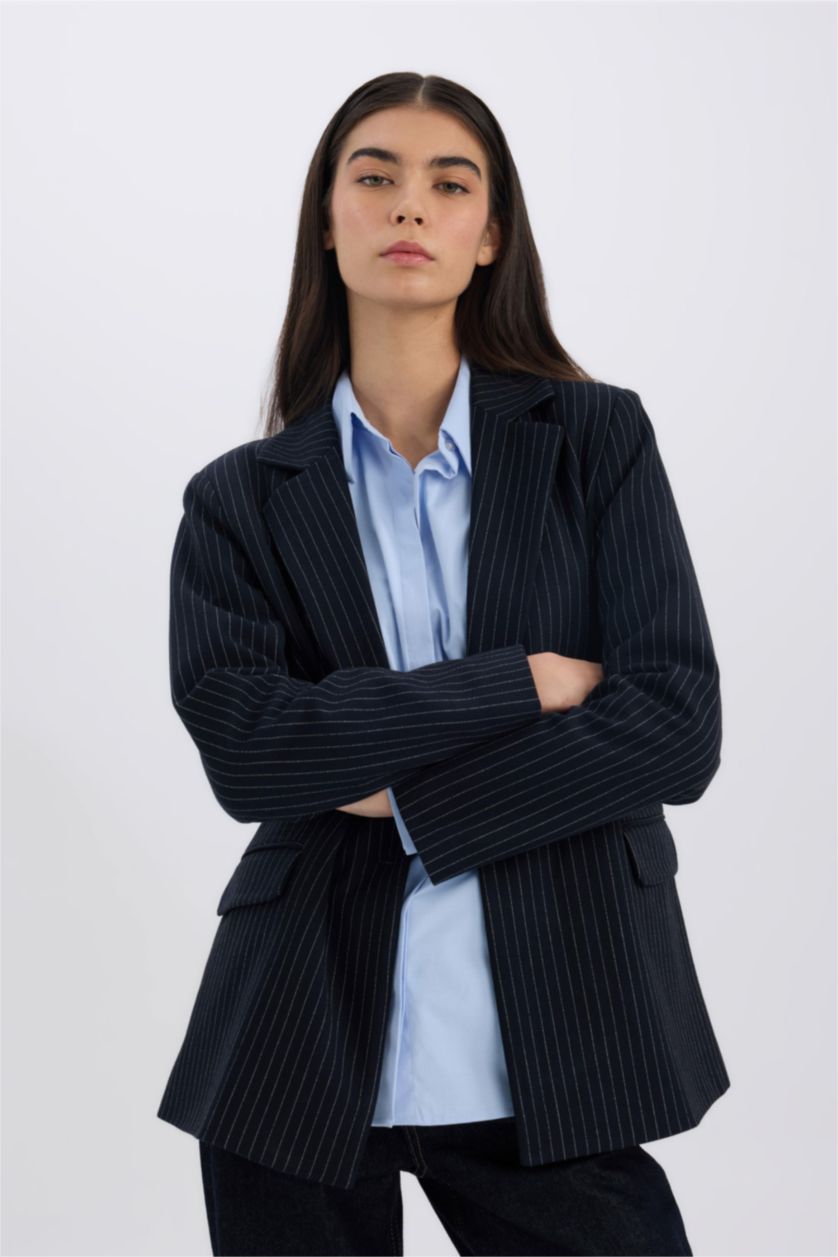 Kadın Lacivert 	Oversize Geniş Kalıp Kruvaze Yaka Blazer Ceket