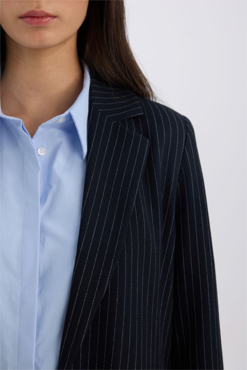 Kadın Lacivert 	Oversize Geniş Kalıp Kruvaze Yaka Blazer Ceket