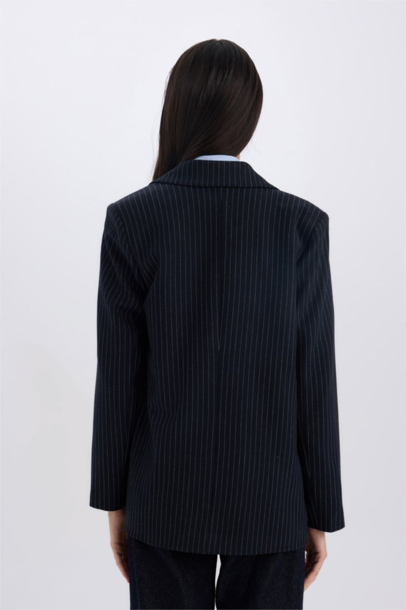 Kadın Lacivert 	Oversize Geniş Kalıp Kruvaze Yaka Blazer Ceket