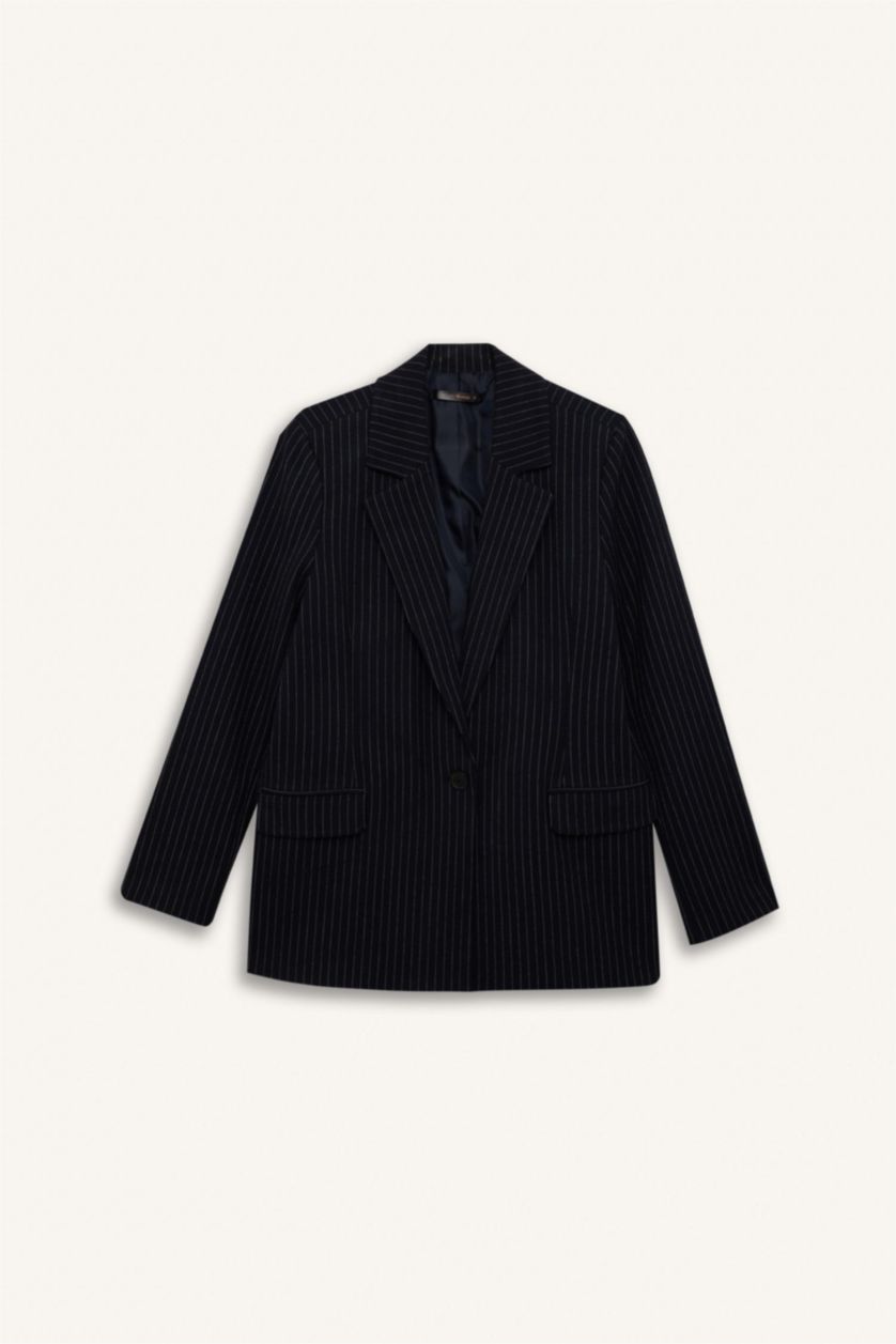 Kadın Lacivert 	Oversize Geniş Kalıp Kruvaze Yaka Blazer Ceket