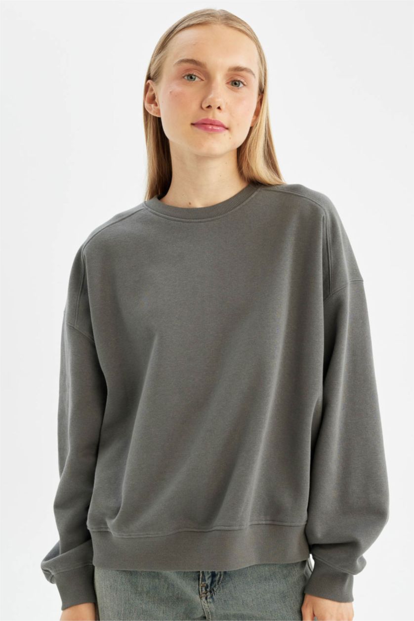 Kadın Gri Oversıze Kalın Basıc Sweatshirt