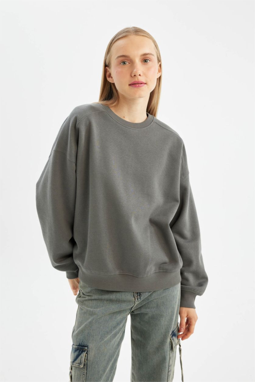 Kadın Gri Oversıze Kalın Basıc Sweatshirt