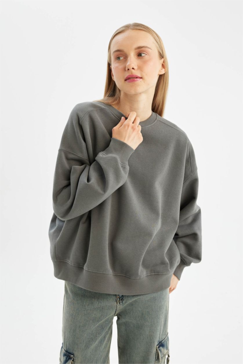Kadın Gri Oversıze Kalın Basıc Sweatshirt