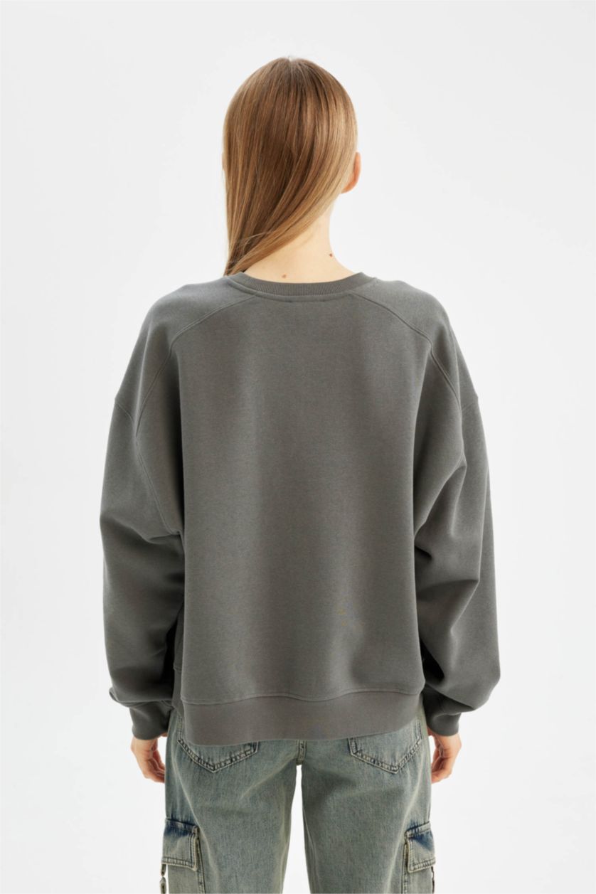 Kadın Gri Oversıze Kalın Basıc Sweatshirt