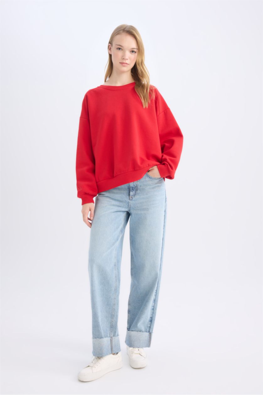 Kadın Kırmızı Oversize Geniş Kalıp Bisiklet Yaka Kalın Basic Düz Sweatshirt