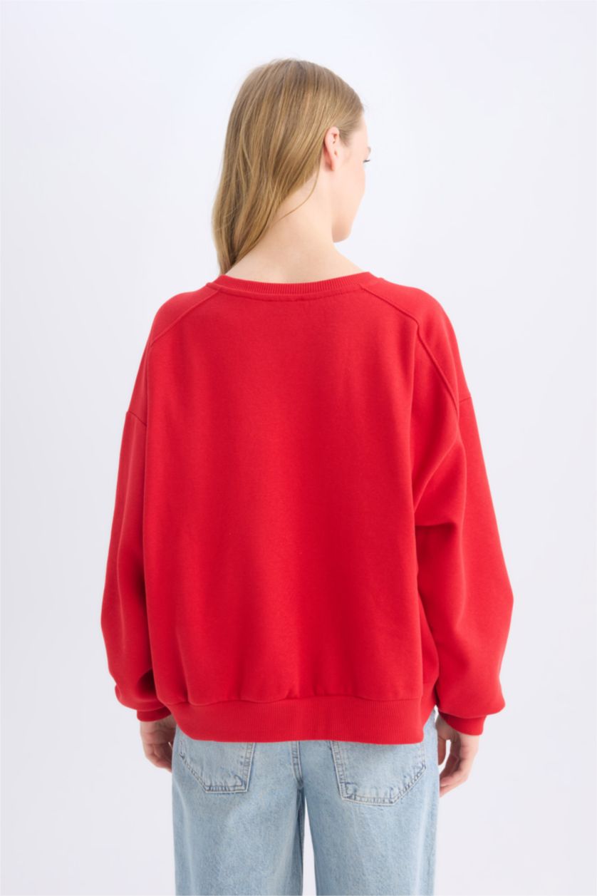 Kadın Kırmızı Oversize Geniş Kalıp Bisiklet Yaka Kalın Basic Düz Sweatshirt