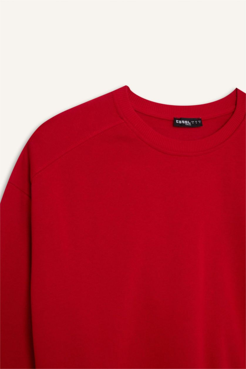 Kadın Kırmızı Oversize Geniş Kalıp Bisiklet Yaka Kalın Basic Düz Sweatshirt
