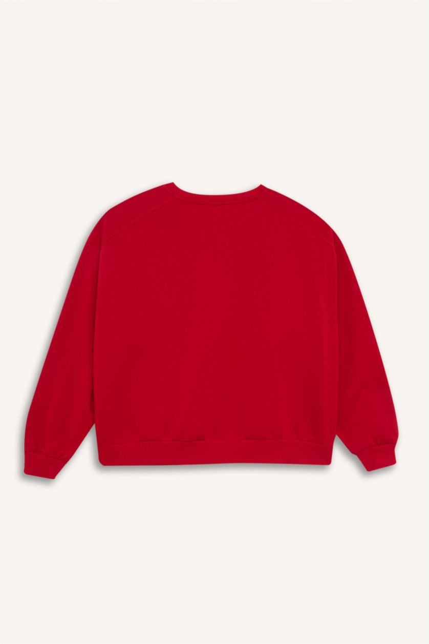 Kadın Kırmızı Oversize Geniş Kalıp Bisiklet Yaka Kalın Basic Düz Sweatshirt