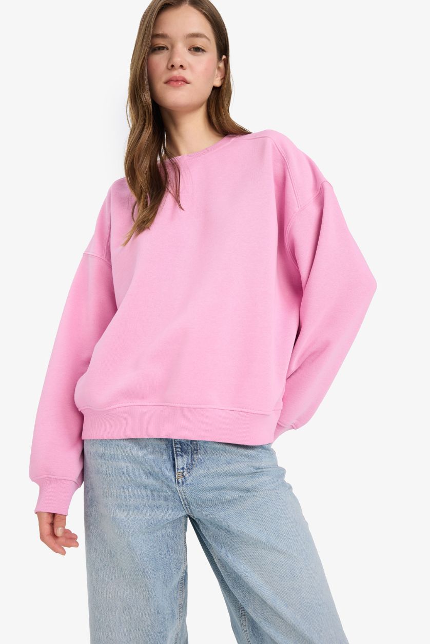 Kadın Pembe Oversize Geniş Kalıp Bisiklet Yaka Basic Düz Sweatshirt