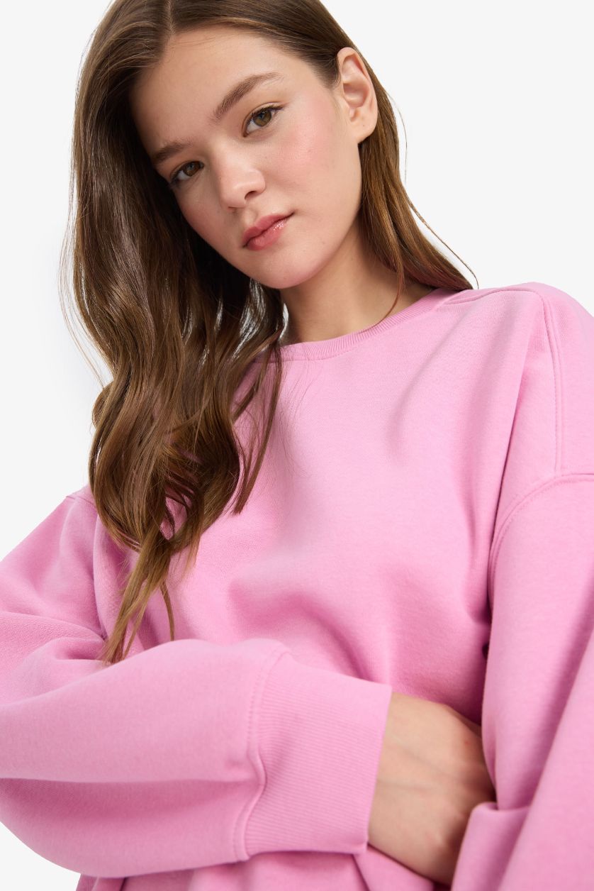 Kadın Pembe Oversize Geniş Kalıp Bisiklet Yaka Basic Düz Sweatshirt