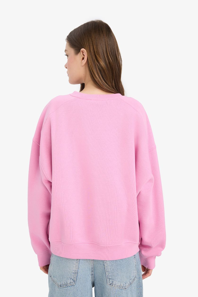 Kadın Pembe Oversize Geniş Kalıp Bisiklet Yaka Basic Düz Sweatshirt