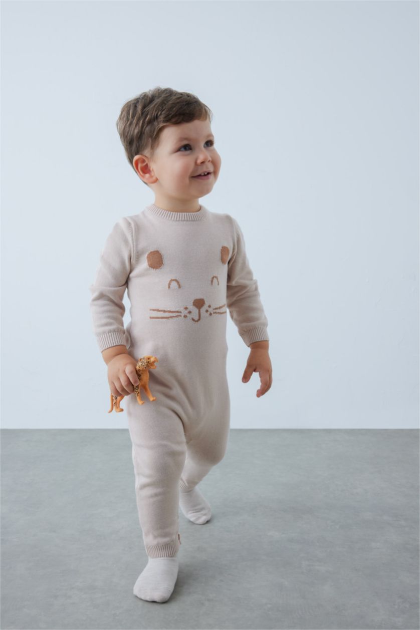 BABY GIRL Beige Cotton Regular Fit Crew Neck Jumpsuit
