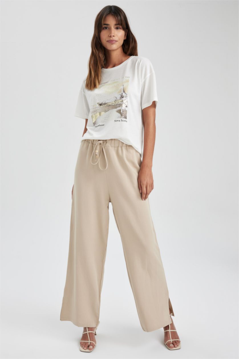WOMAN Beige Straight Fit Linen Blend Trousers