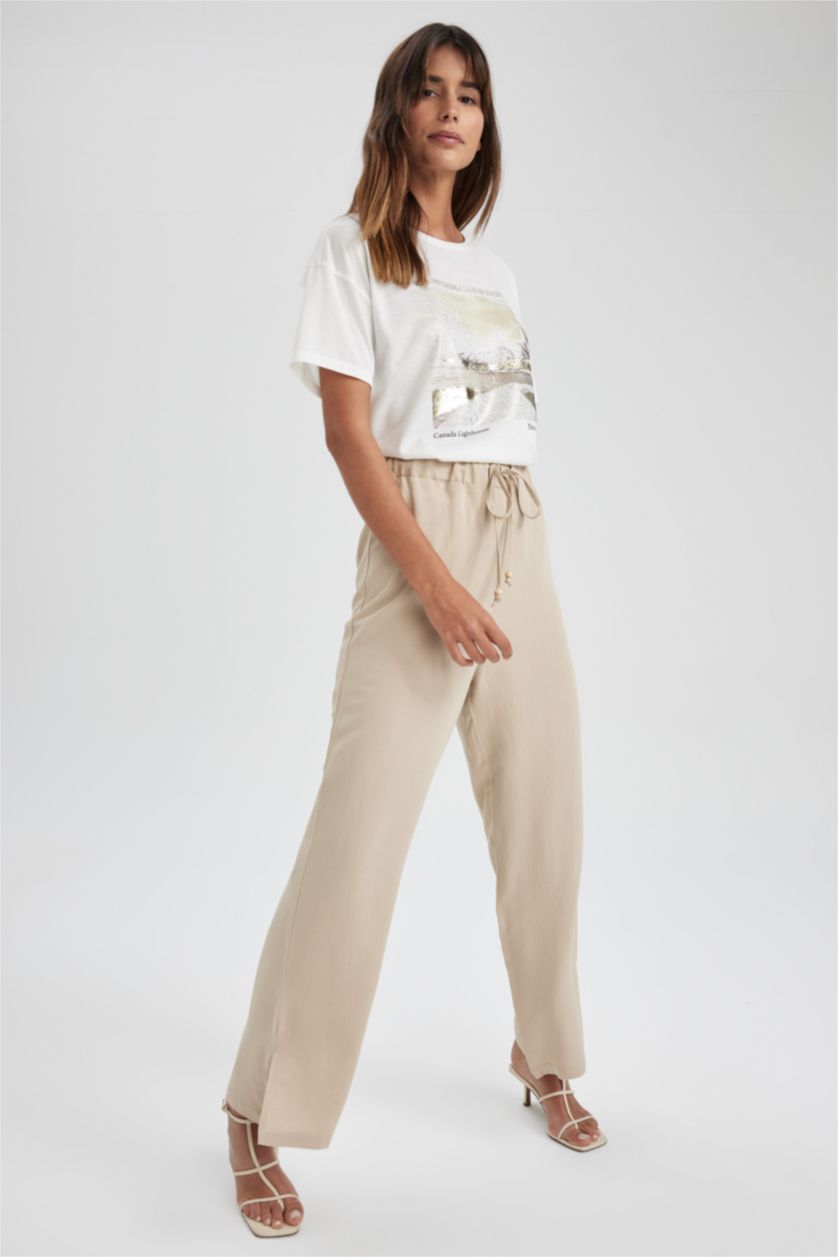 WOMAN Beige Straight Fit Linen Blend Trousers