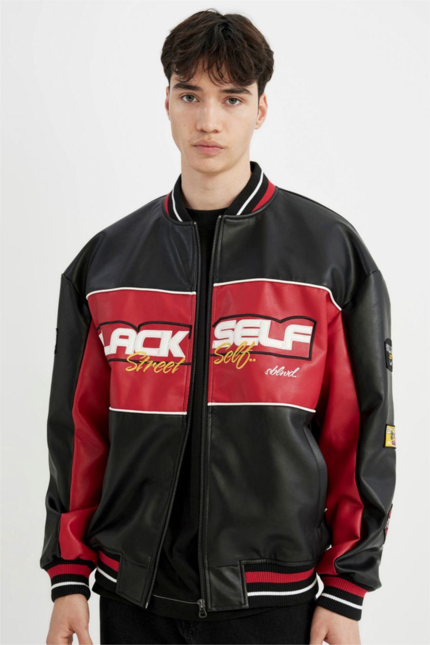 Erkek Siyah Su İtici Oversize Fit Kolej Yaka Fermuar Kapamalı Cepli Mevsimlik Hafif Suni Deri Bomber Mont Ceket