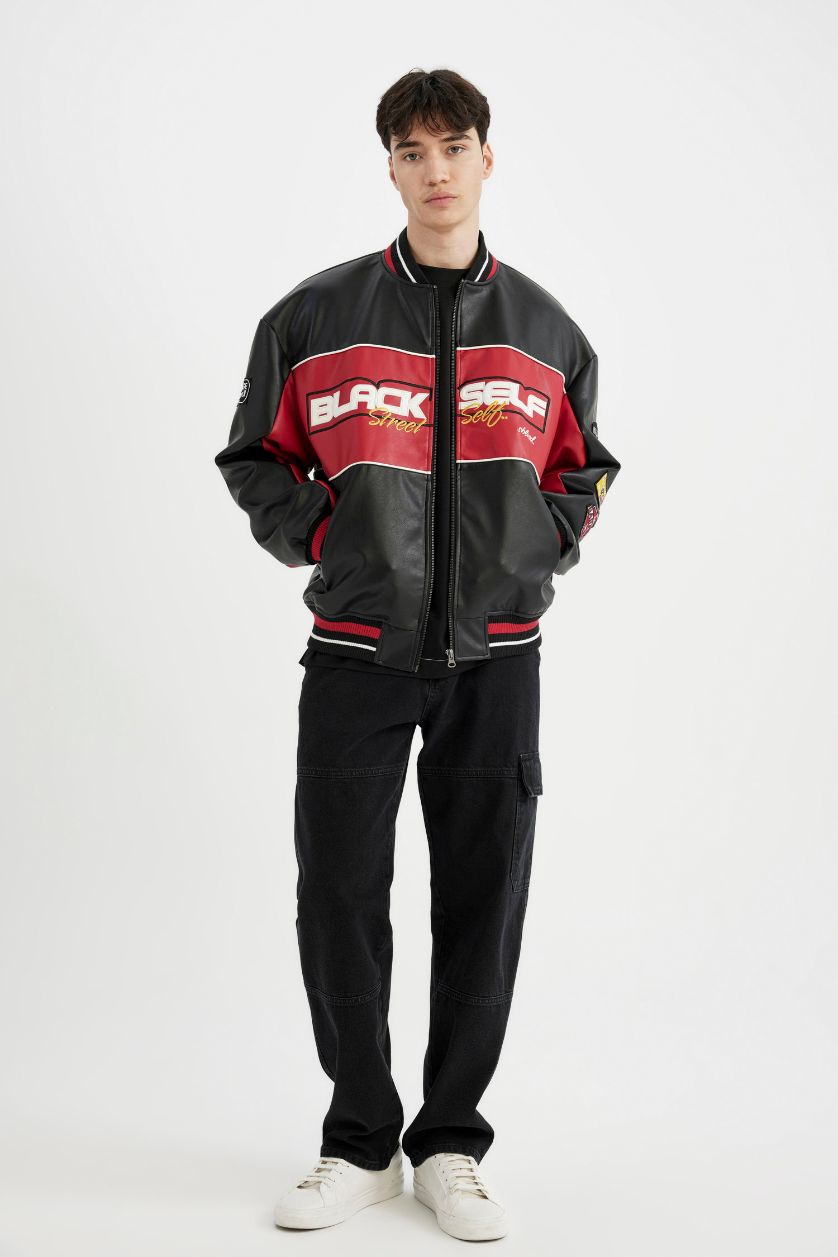 Erkek Siyah Su İtici Oversize Fit Kolej Yaka Fermuar Kapamalı Cepli Mevsimlik Hafif Suni Deri Bomber Mont Ceket