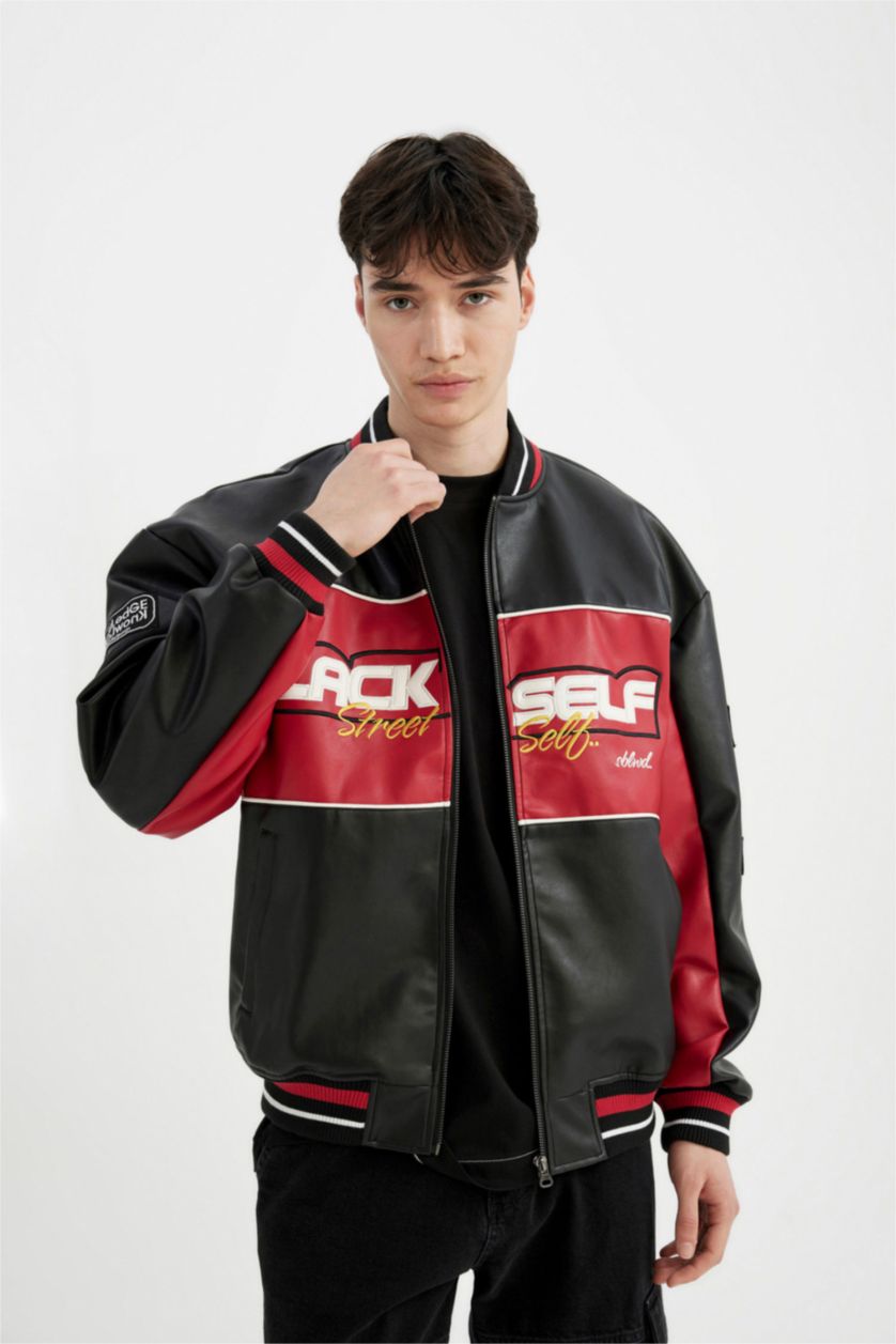 Erkek Siyah Su İtici Oversize Fit Kolej Yaka Fermuar Kapamalı Cepli Mevsimlik Hafif Suni Deri Bomber Mont Ceket