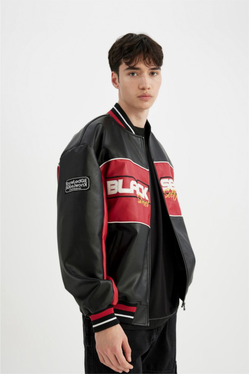 Erkek Siyah Su İtici Oversize Fit Kolej Yaka Fermuar Kapamalı Cepli Mevsimlik Hafif Suni Deri Bomber Mont Ceket