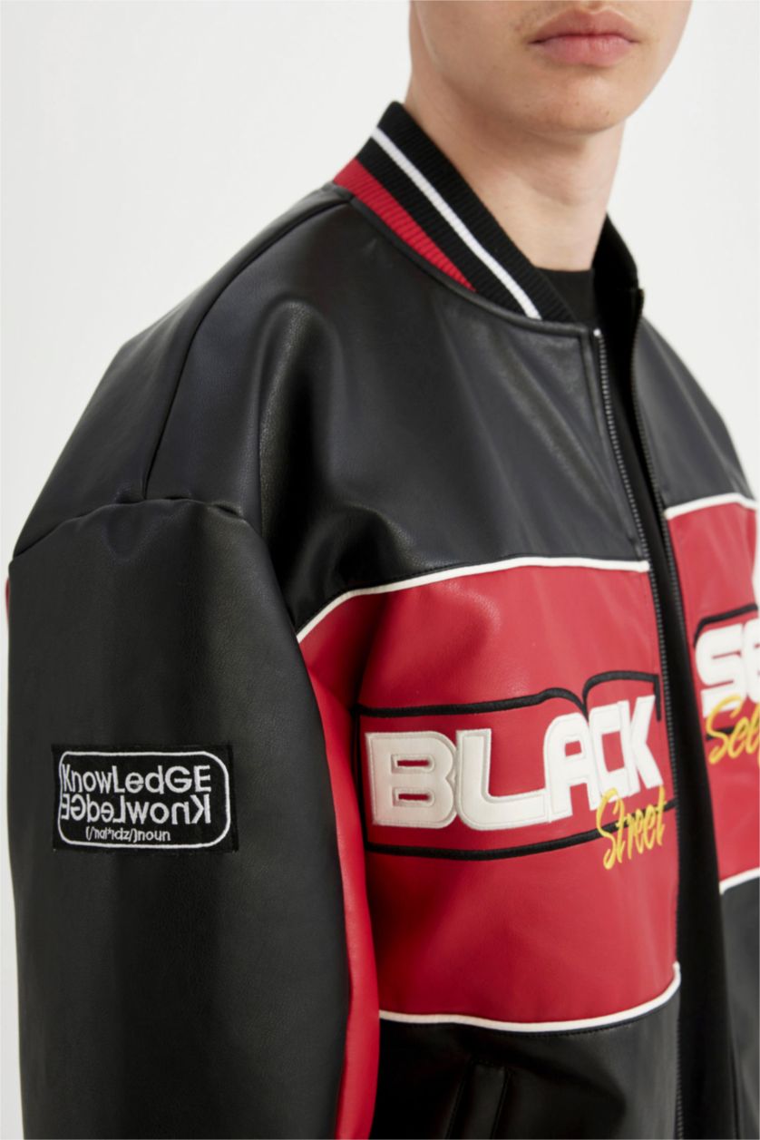 Erkek Siyah Su İtici Oversize Fit Kolej Yaka Fermuar Kapamalı Cepli Mevsimlik Hafif Suni Deri Bomber Mont Ceket