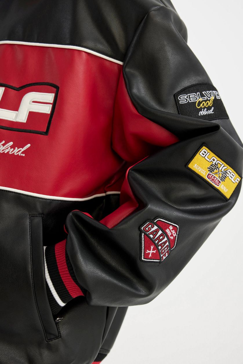 Erkek Siyah Su İtici Oversize Fit Kolej Yaka Fermuar Kapamalı Cepli Mevsimlik Hafif Suni Deri Bomber Mont Ceket