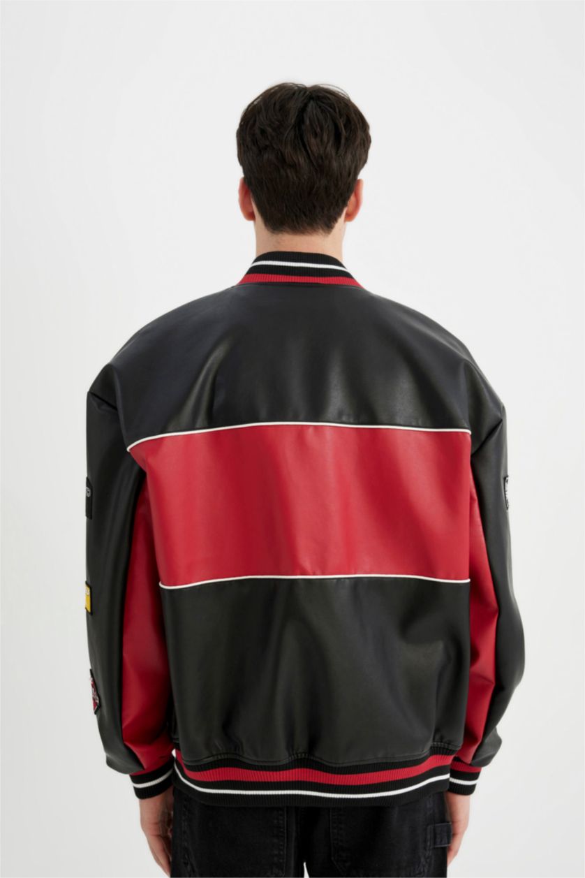 Erkek Siyah Su İtici Oversize Fit Kolej Yaka Fermuar Kapamalı Cepli Mevsimlik Hafif Suni Deri Bomber Mont Ceket